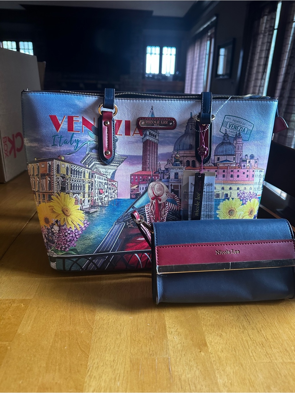 Nicole Lee Navy and Pink Venezia Italy Printed Tote with Matching Wallet